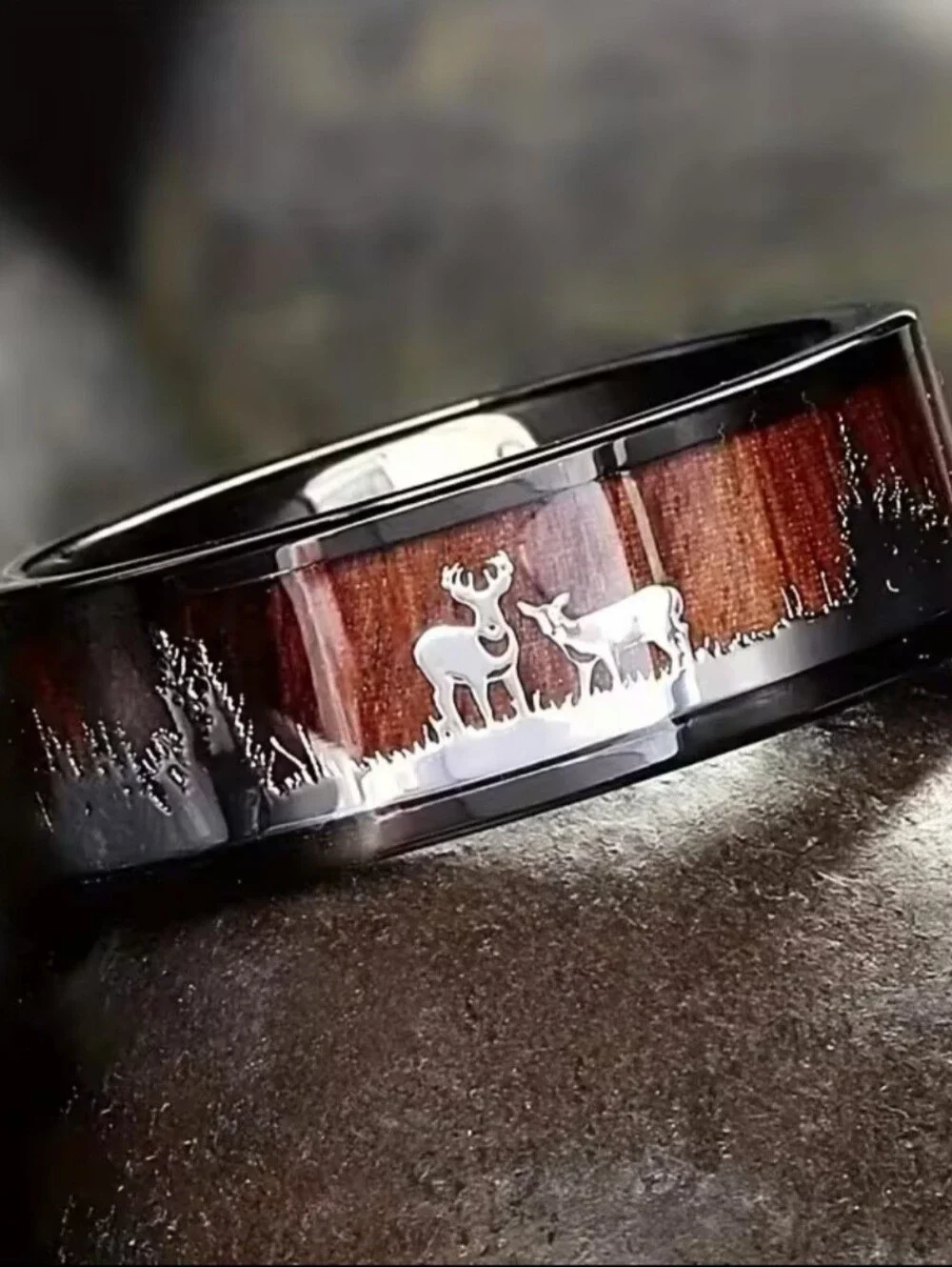 NEW Mens Black Stainless Steel Wedding Band With Wood Inlay, Deer And Tree Scene